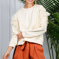 Eyelet Lace Trim Crew Neck Sweatshirt-Love