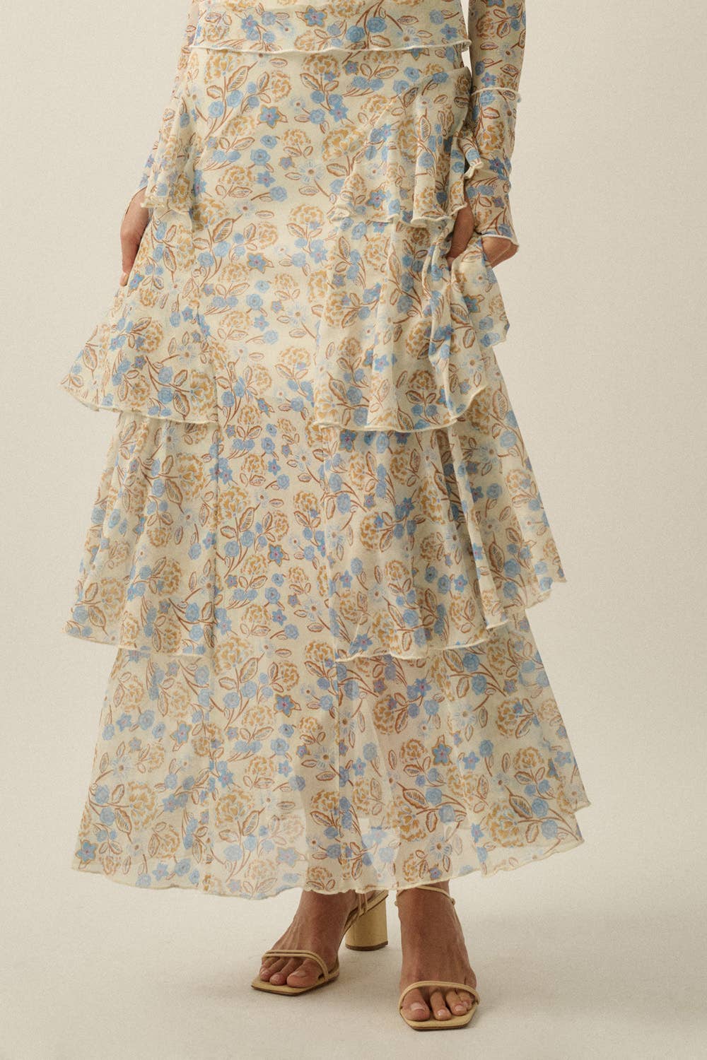 Floral Mesh Side-Ruffle Tiered Maxi Skirt Cream-Blue