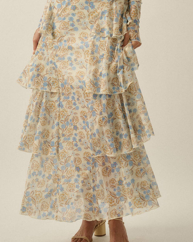 Floral Mesh Side-Ruffle Tiered Maxi Skirt Cream-Blue