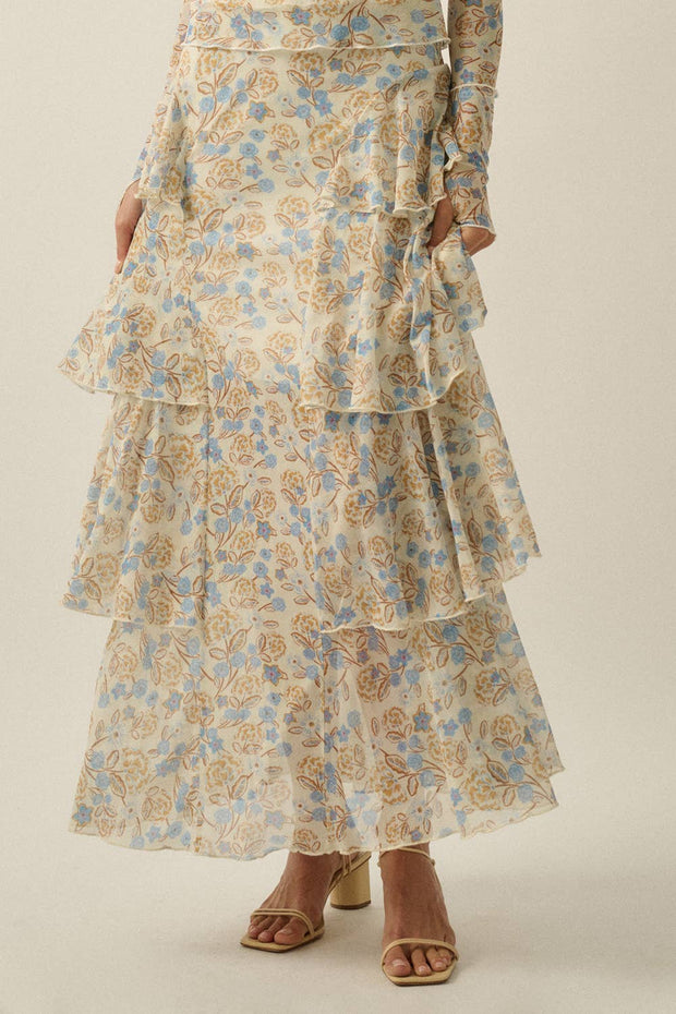 Floral Mesh Side-Ruffle Tiered Maxi Skirt