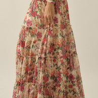 Floral-Print Mesh Tiered Ruffle Circle Maxi Skirt