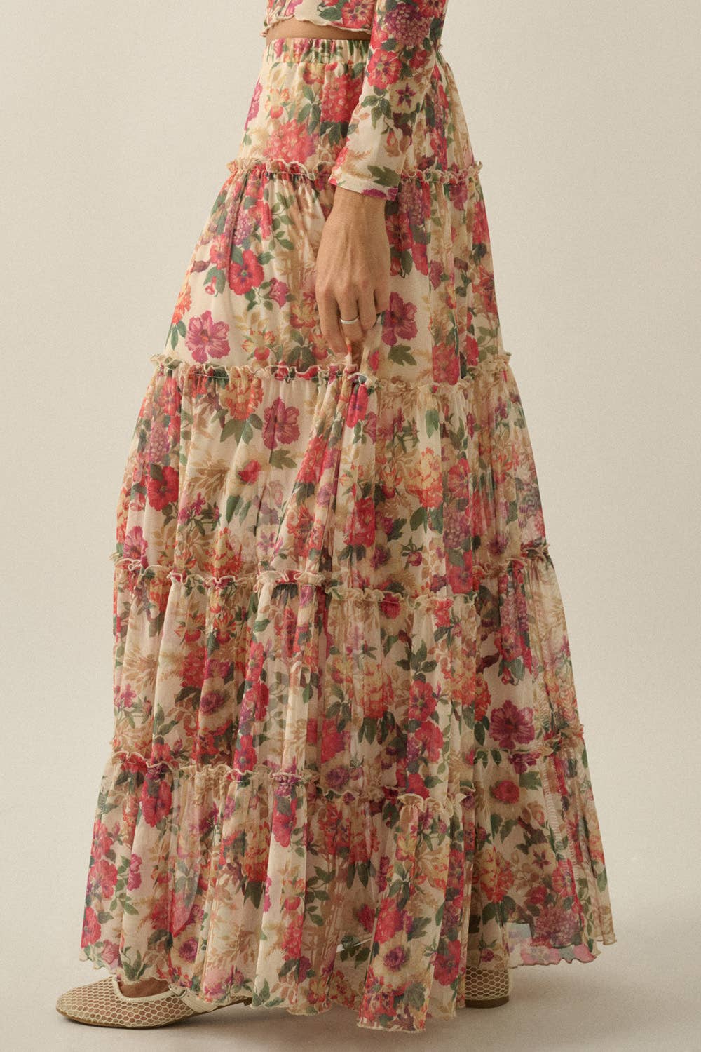 Floral-Print Mesh Tiered Ruffle Circle Maxi Skirt