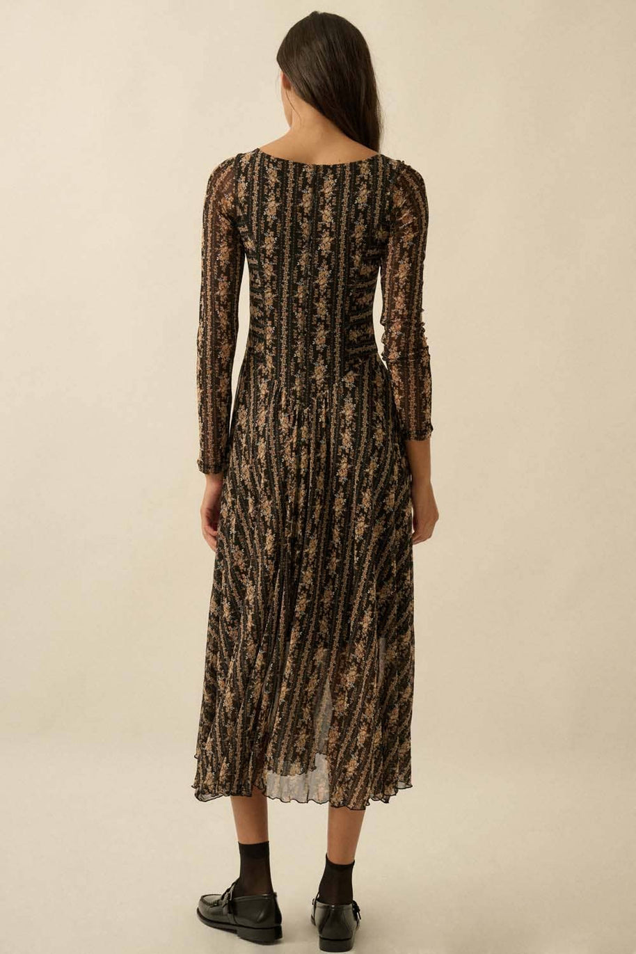 Floral Mesh Drop-Waist Midi Dress