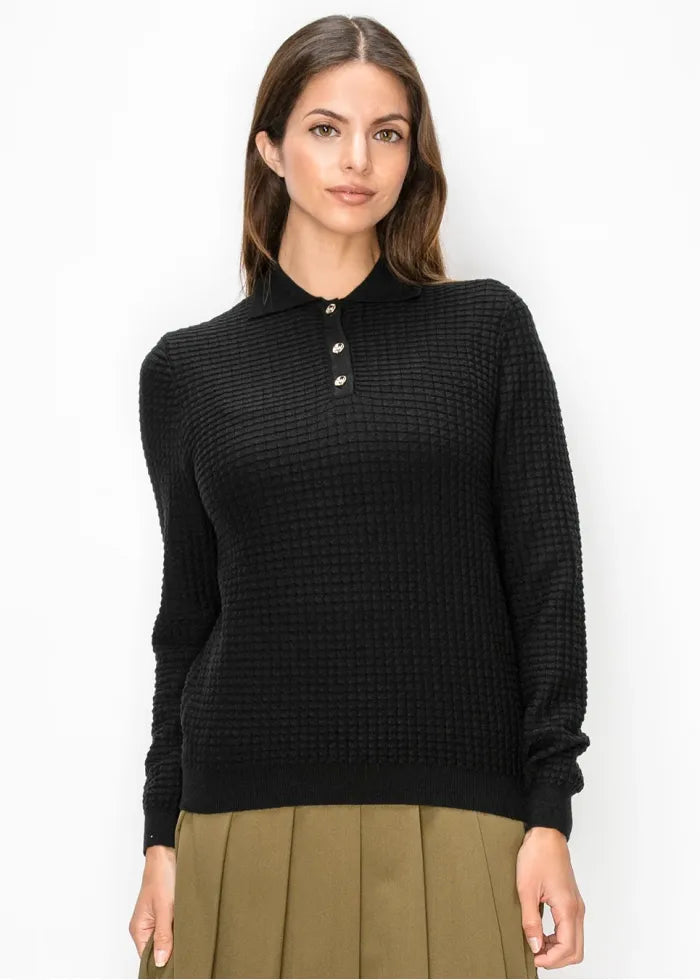 Textured waffle knit polo sweater
