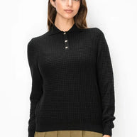 Textured waffle knit polo sweater