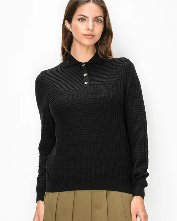 Textured waffle knit polo sweater