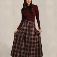 Brown & Burgundy Horsebit Plaid Skirt
