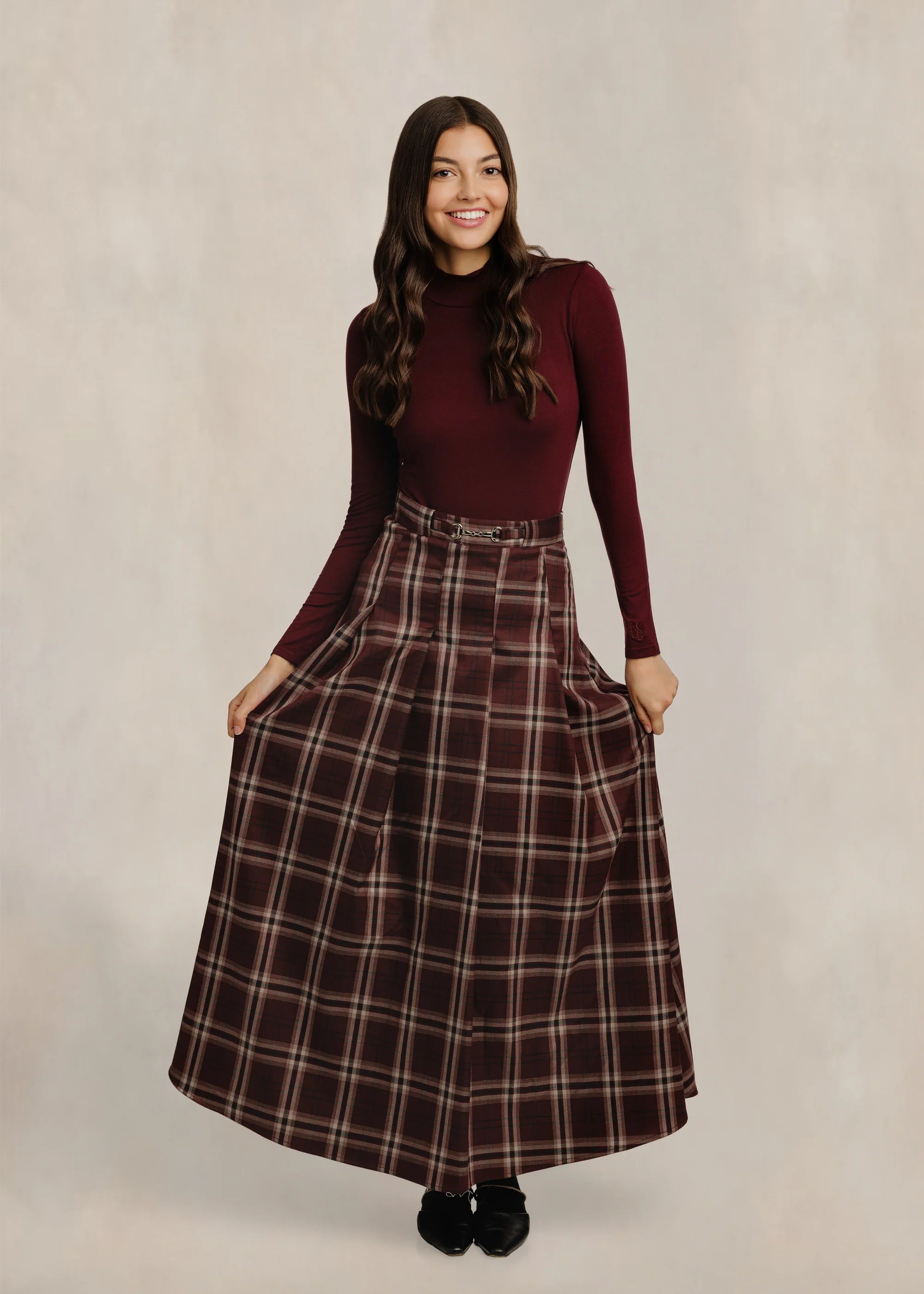 Brown & Burgundy Horsebit Plaid Skirt
