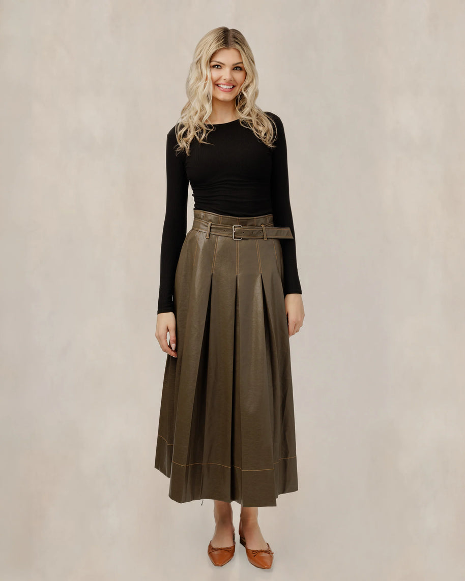 Brown Leather Skirt With Gold Chain Accents