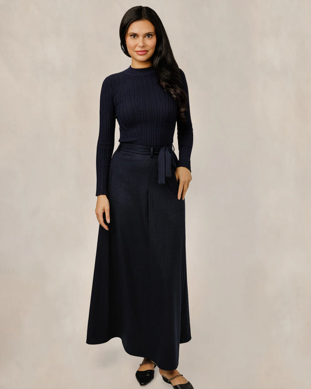 Navy Blue Skirt With Tie Belt