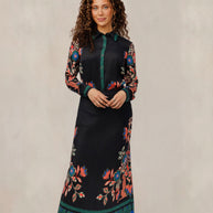 Floral print black satin blouse
