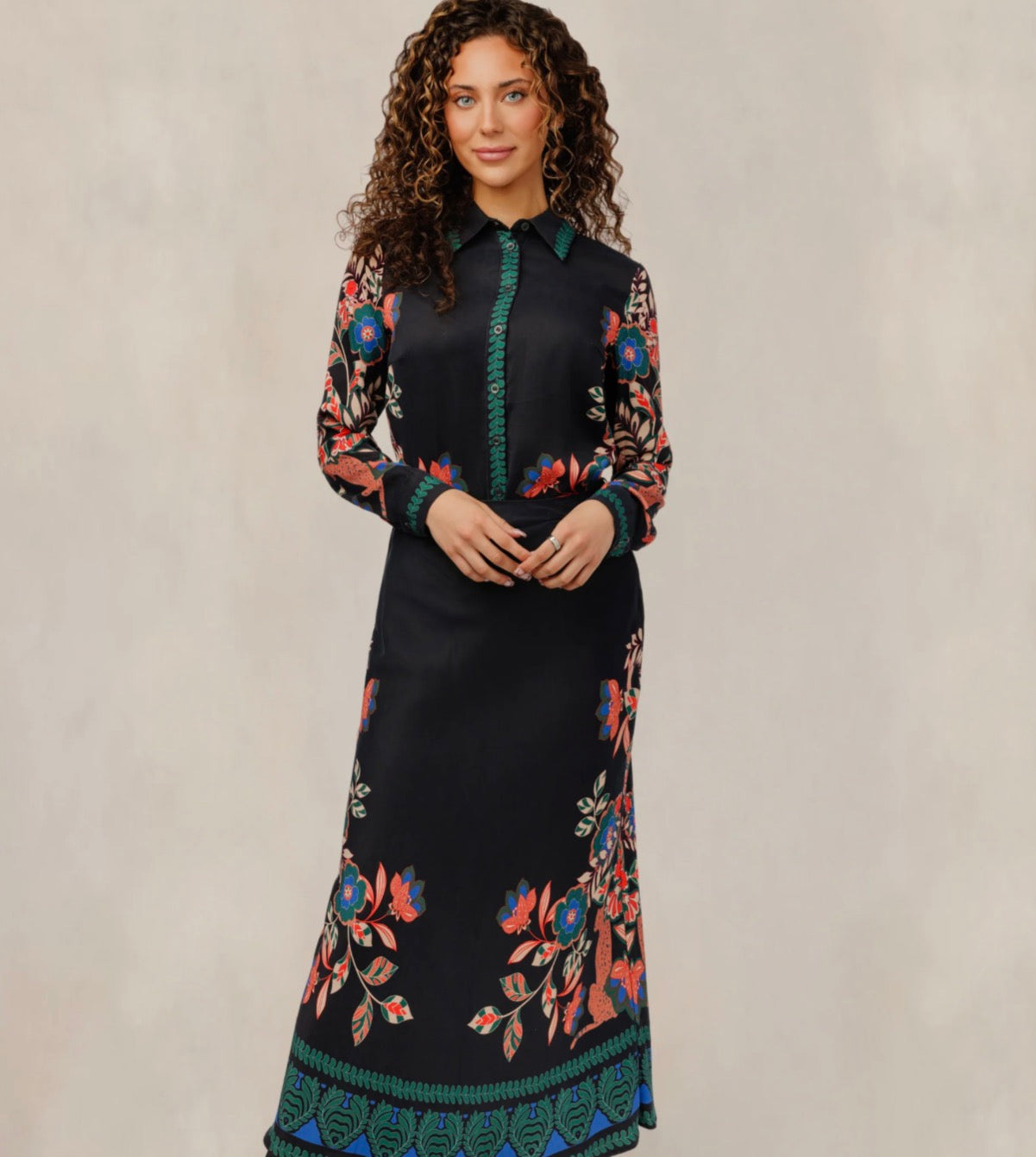 Floral print black satin blouse