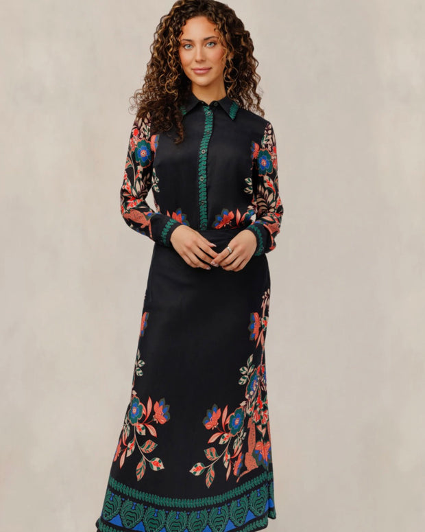 Floral print black satin blouse