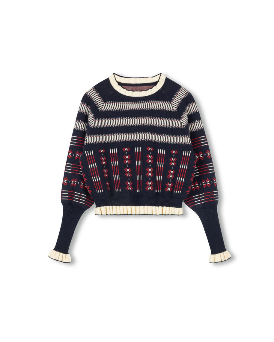 Geometric Print Ruffle Sweater-Junees