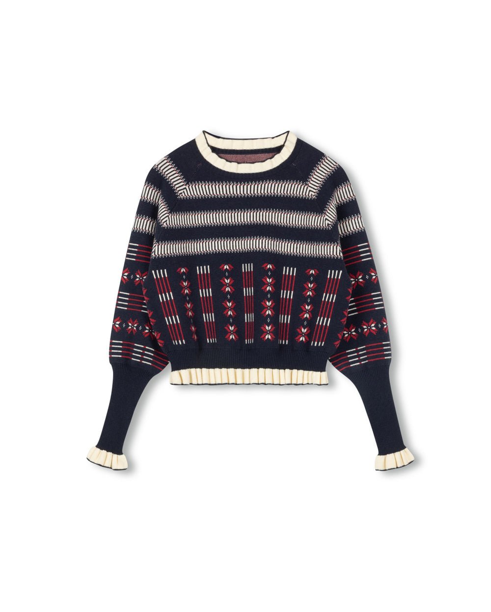 Geometric Print Ruffle Sweater-Junees