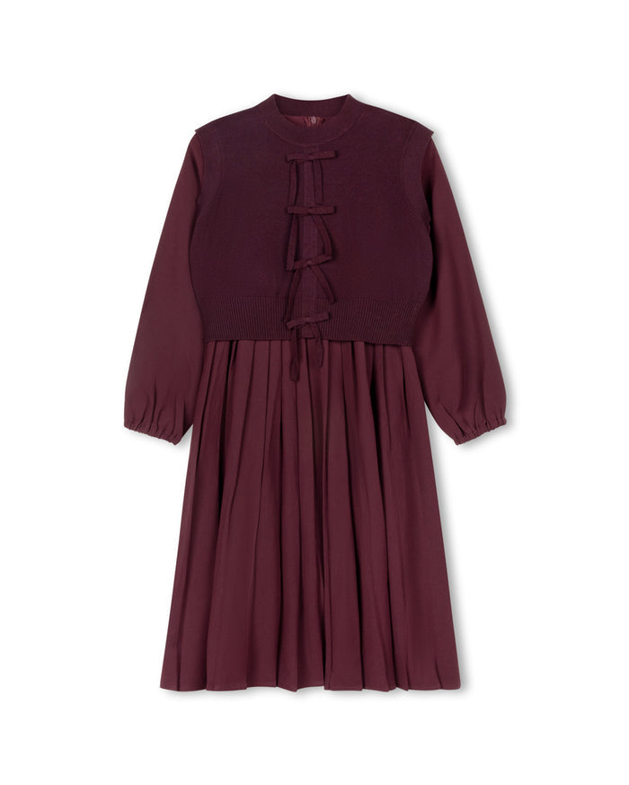 Pleated dress with bow closure vest-Junees