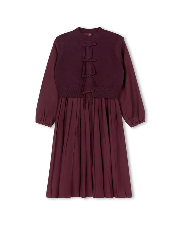 Pleated dress with bow closure vest-Junees