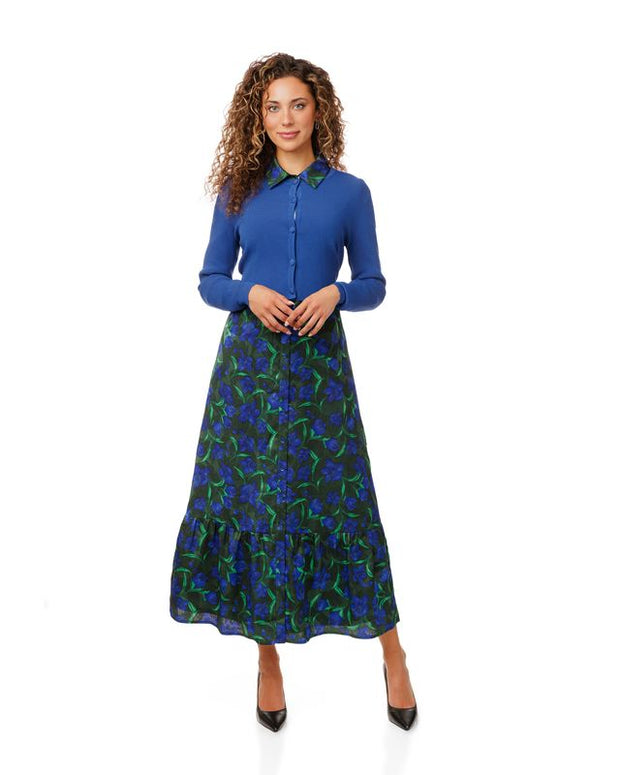 Printed Dress with Blue Cardigan-Luella