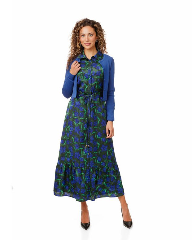 Printed Dress with Blue Cardigan-Luella