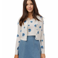 White knit twin set with blue embroidery