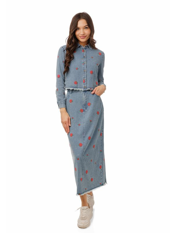 Red flowers embroidered denim skirt