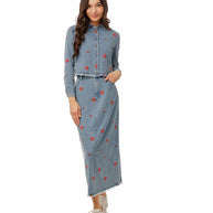 Red flowers embroidered denim skirt