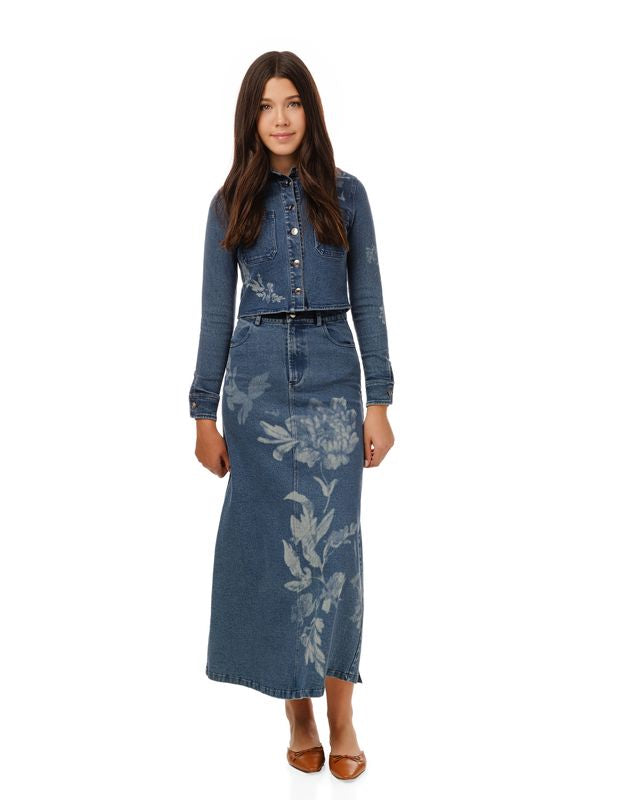 Acid washed flower print denim skirt