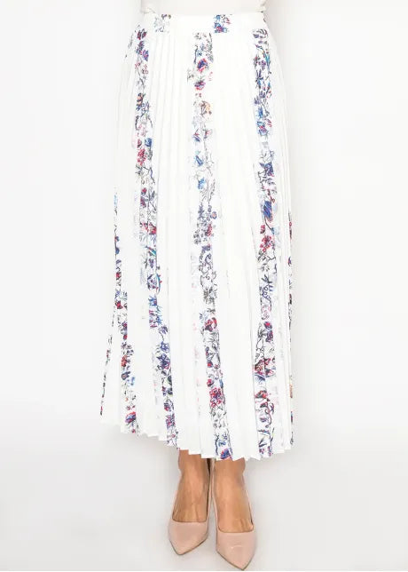 Pleated floral stripe midi skirt