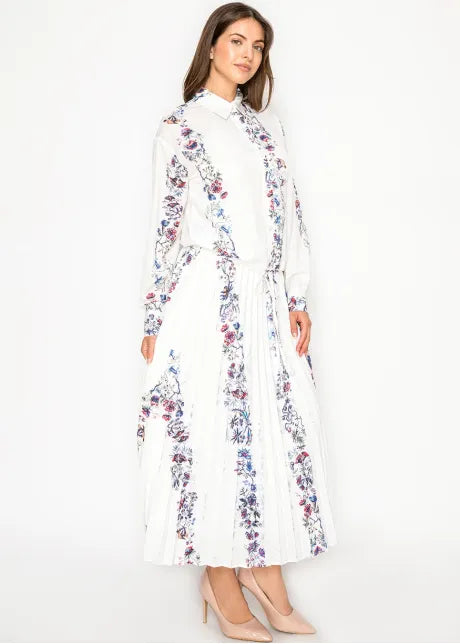Pleated floral stripe midi skirt