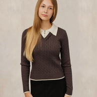 Brown Cable Knit V-Neck Top W/ Ivory Zip Collar