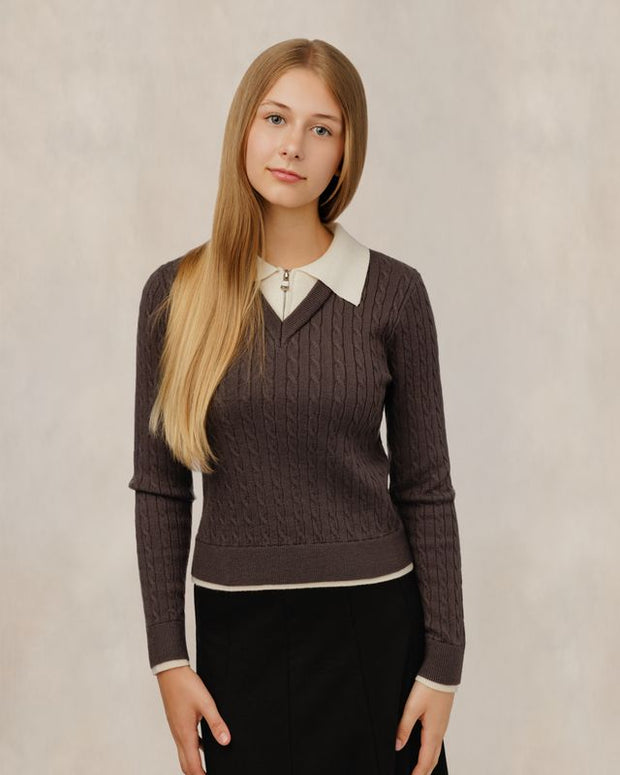 Brown Cable Knit V-Neck Top W/ Ivory Zip Collar