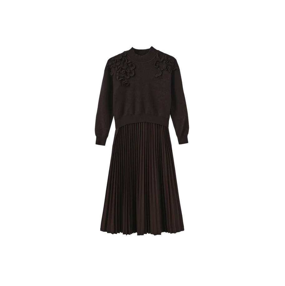 CHUNKY KNIT LEATHER PLEATED DRESS