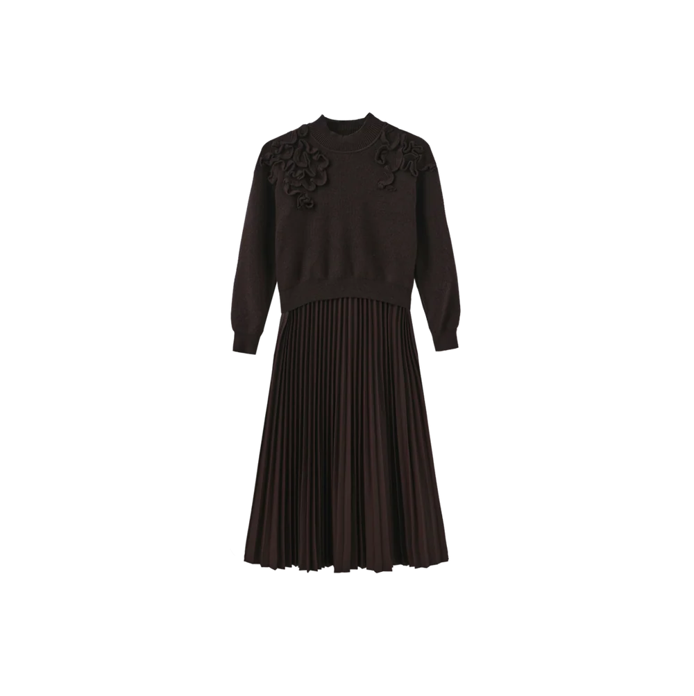 CHUNKY KNIT LEATHER PLEATED DRESS