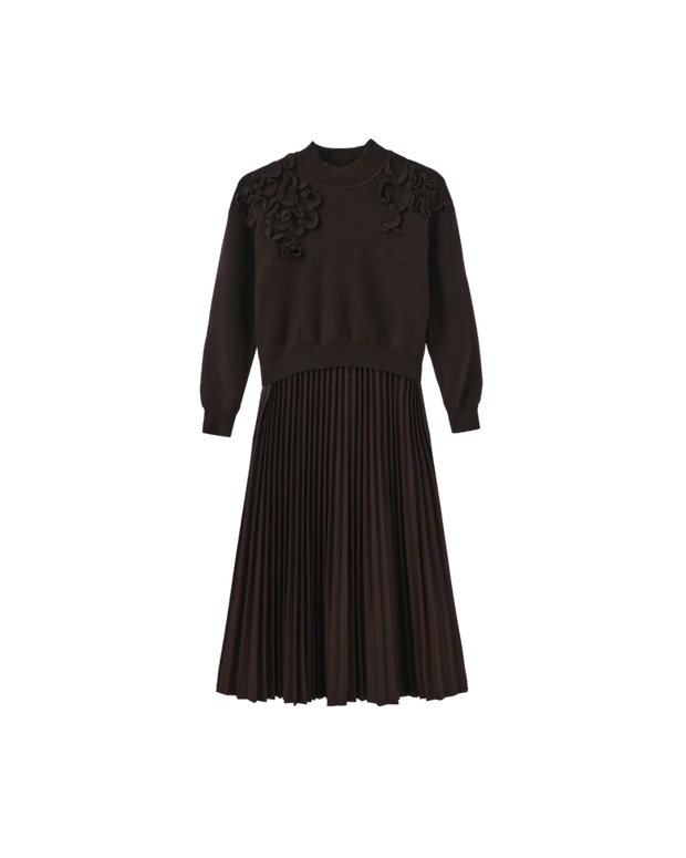 CHUNKY KNIT LEATHER PLEATED DRESS