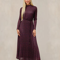 Burgundy Floral Mock Neck Pleated Dress