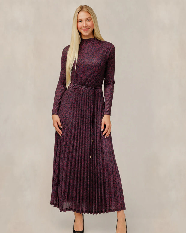 Burgundy Floral Mock Neck Pleated Dress