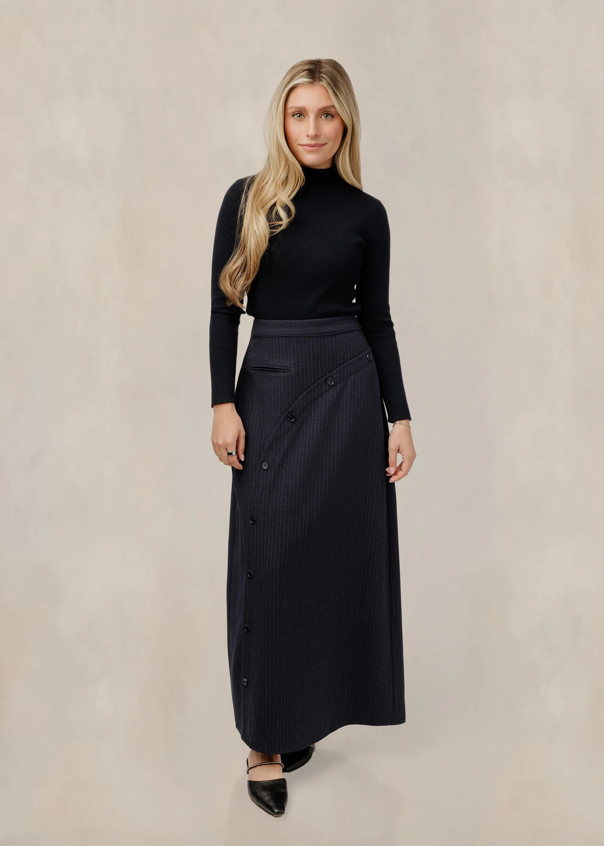 Navy Skirt With Diagonal Button