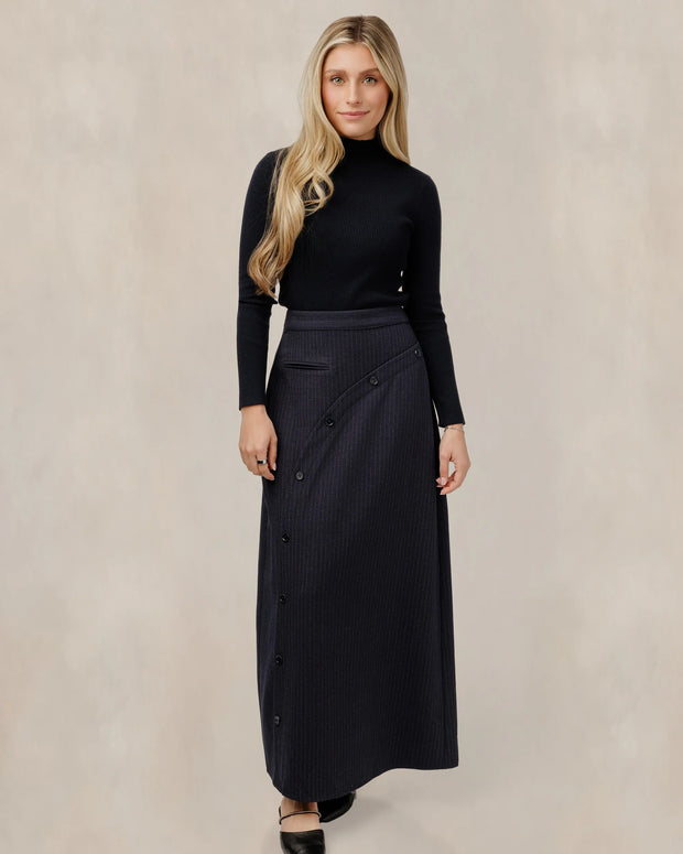 Navy Skirt With Diagonal Button