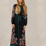 Black Floral Belted Dress W/ Green Trim