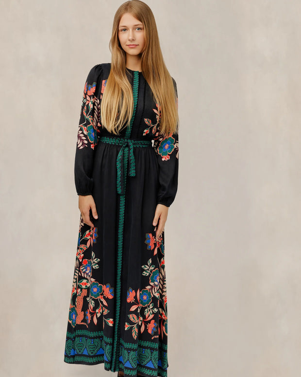 Black Floral Belted Dress W/ Green Trim