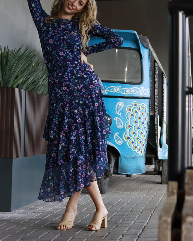 Navy Mesh Floral Top - Fringe Boutique