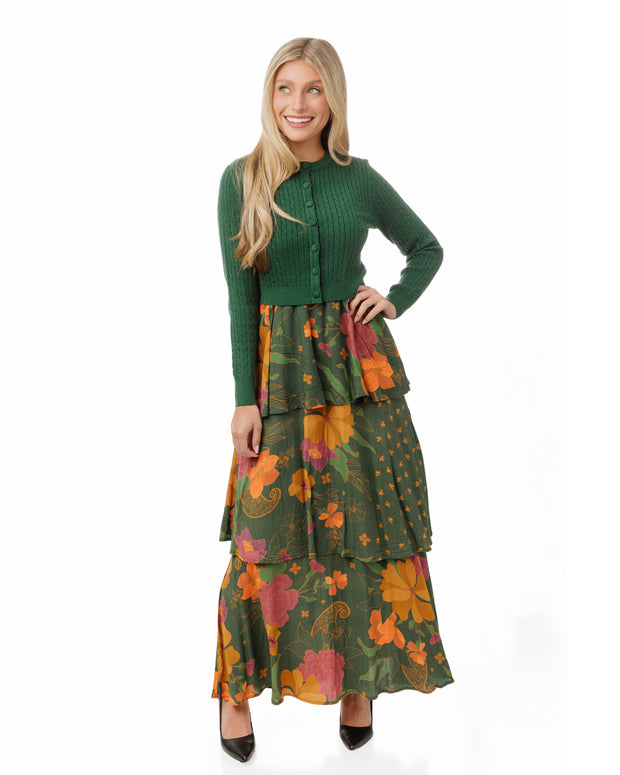 Green Cable Knit Cardi with Floral Dress-Luella