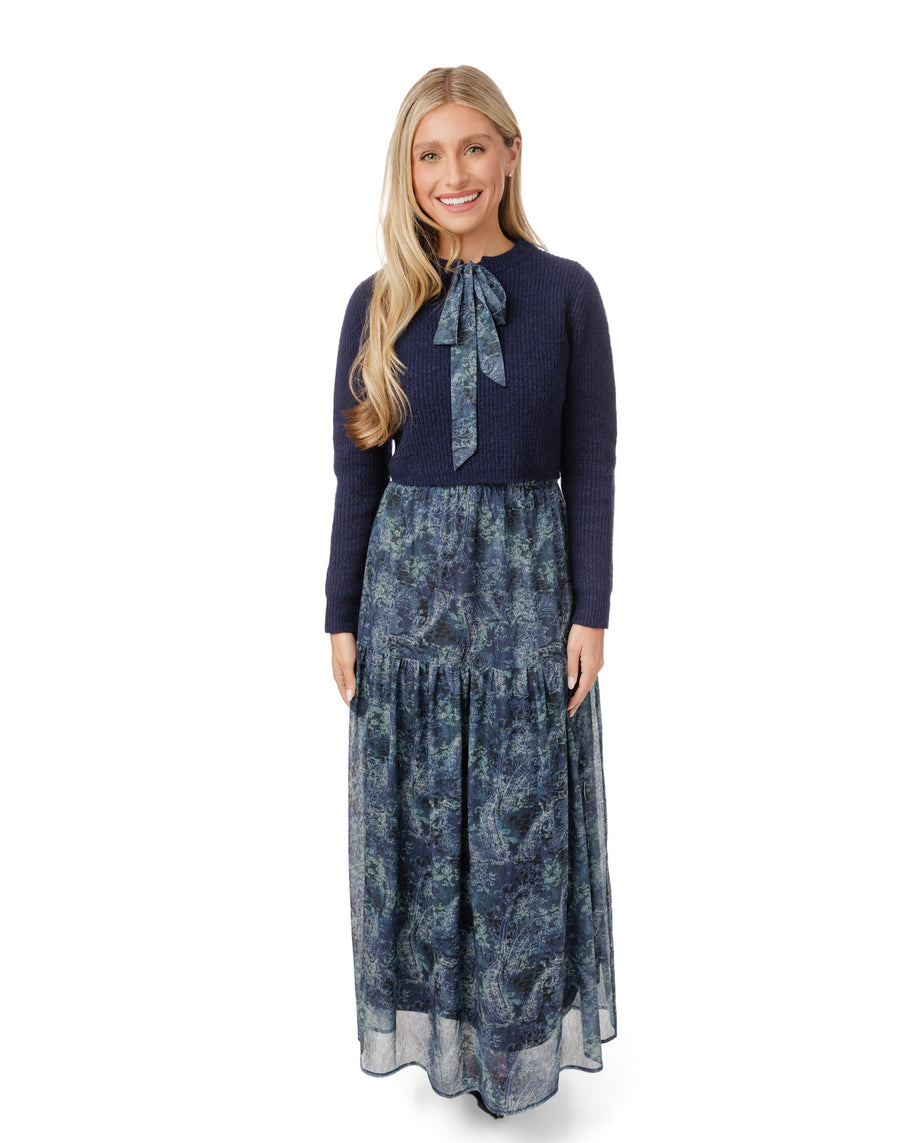 Blue knit overlay mesh dress-Luella