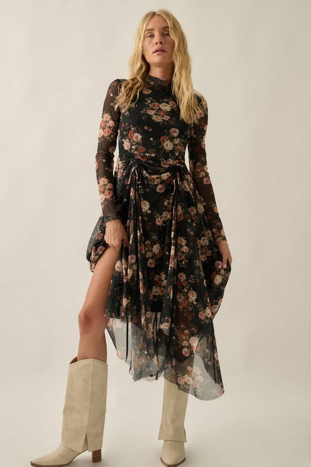 Floral-Print Mesh Long-Sleeve Drawstring-Skirt Maxi Dress Black