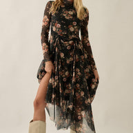 Floral-Print Mesh Long-Sleeve Drawstring-Skirt Maxi Dress Black