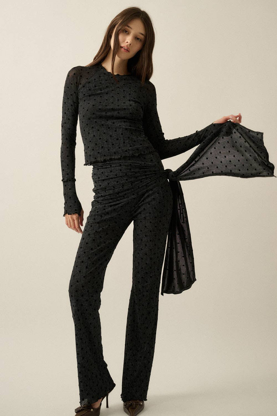 Flocked Polka Dot Burnout Mesh Raglan-Sleeve Thumbhole Top