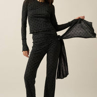 Flocked Polka Dot Burnout Mesh Raglan-Sleeve Thumbhole Top