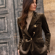 Double-breasted velvet blazer with gold buttons