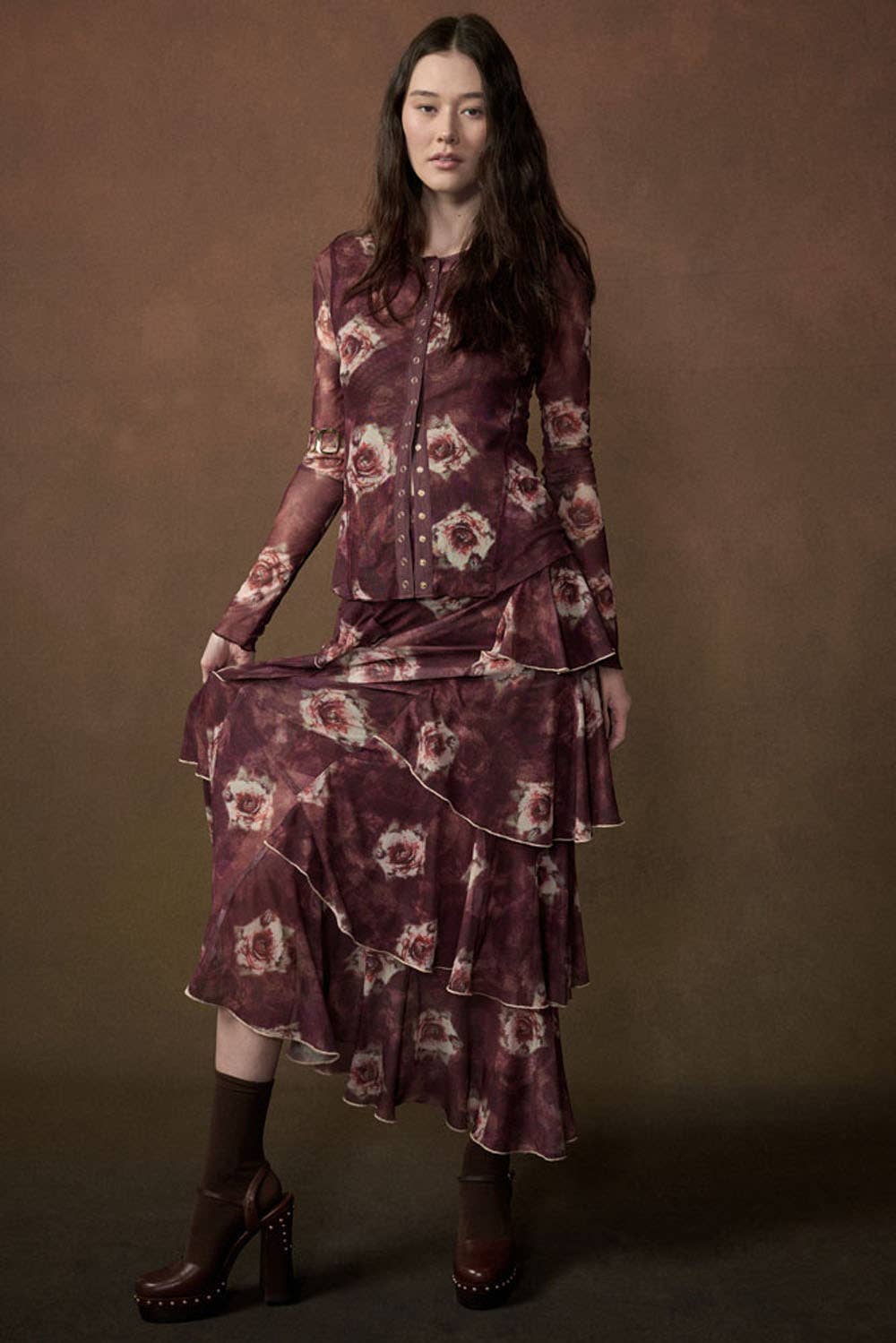 Floral-Print Mesh Side-Ruffle Tiered Maxi Skirt