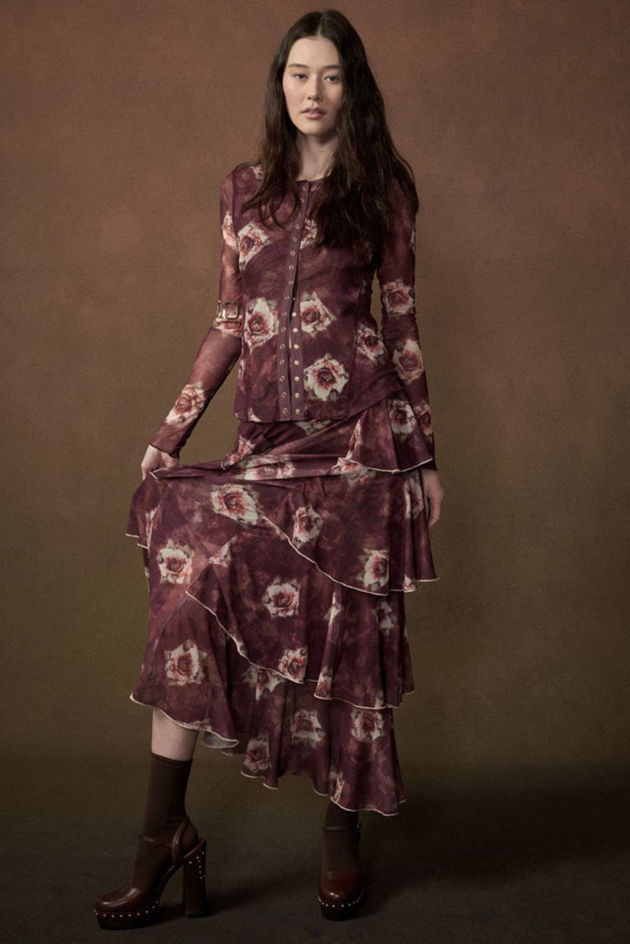 Floral-Print Mesh Side-Ruffle Tiered Maxi Skirt